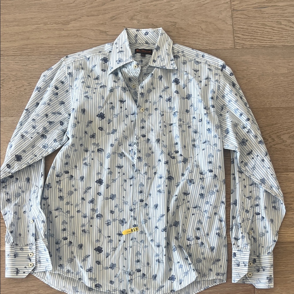 Ben Sherman Blue and White Floral Striped Dress Shirt